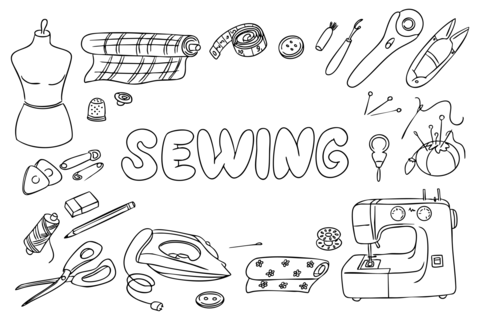 Sewing tools and accessories arranged around the word sewing in hand drawn style, including sewing m