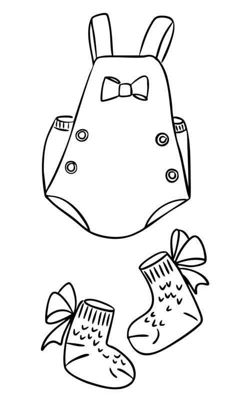 Cute baby romper with bow and matching socks with ribbons in hand drawn outline style. Represents ba