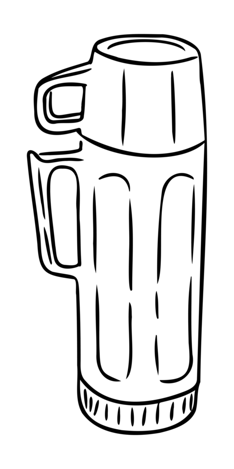 Hand drawn thermos bottle with cup lid in simple outline style. Represents travel accessory, outdoor