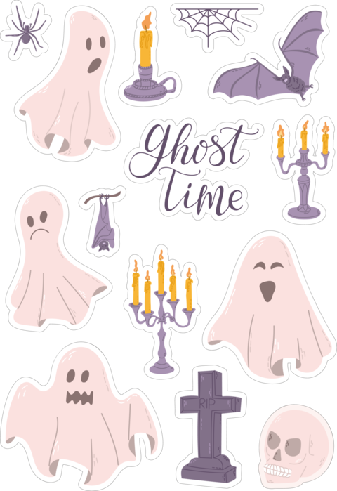 Set of cute ghost stickers with candles, skull, bat and spider web in hand drawn style. Represents H