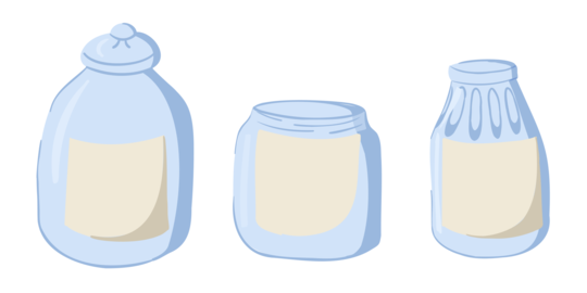 Set of three glass jars in blue tones with blank labels in simple hand drawn style. Represents kitch