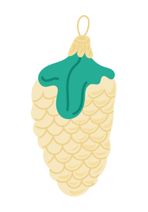 Hand drawn Christmas ornament shaped like a pine cone with green top and hanging loop. Represents ho