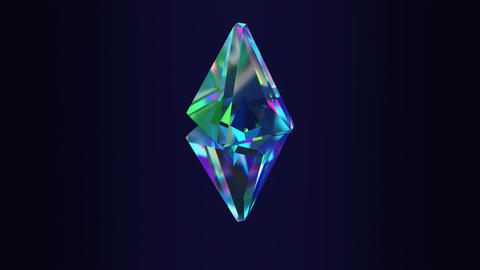 Spinning logo of ethereum glass shimmers in different colors and looks like a