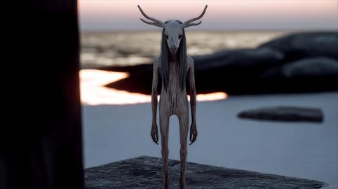 Unusual Creature Stands on Rocky Shore at Sunset Near Calm Water With Distant Waves
