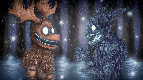 Wendigo Meets Bigfoot in a Mystical Forest Setting During a Snowstorm at Night
