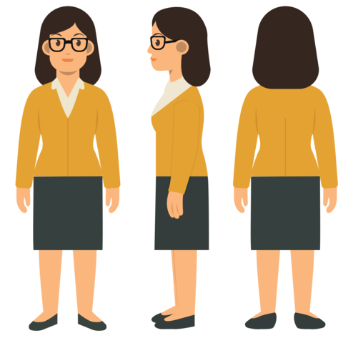 Female Teacher Vector Character in Front, Side, and Back View