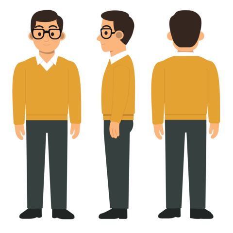 male Teacher Vector Character in Front, Side, and Back View