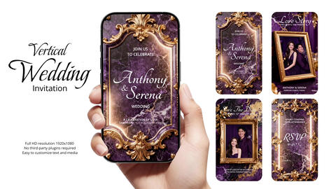 Purple Gold Marble Vertical Wedding Invitation Template