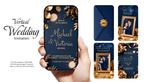 Navy Blue Vertical Wedding Invitation Video Template