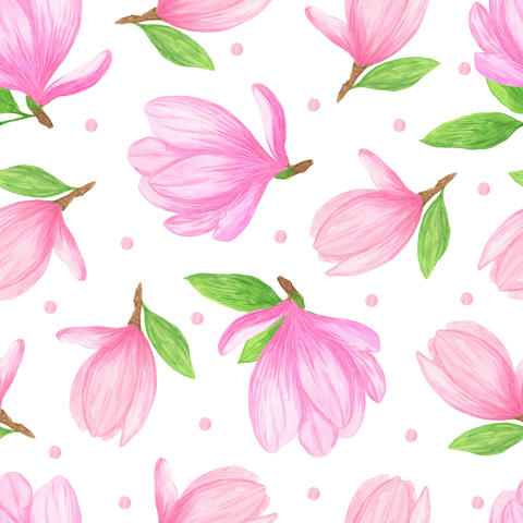 Magnolia flower and leaves seamless pattern, floral repeat ornament, bouquet