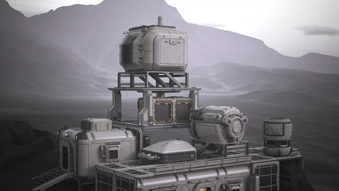 A research station with modular architecture set against a mountainous backdrop of an alien planet