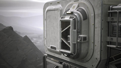 Airlock opens on top of futuristic modular exploration base, highly detailed cinematic animation