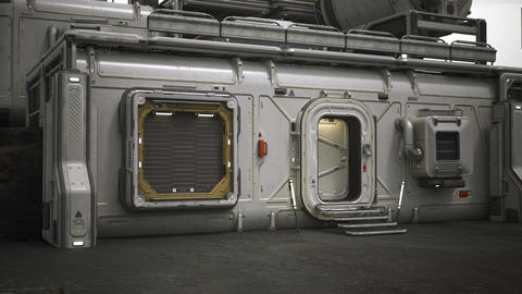An entrance to the futuristic modular station. Exploration outpost on alien planet