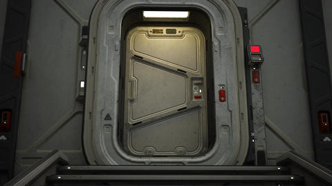 Zooming out on the exterior of futuristic research base on alien planet. Airlock with stairs