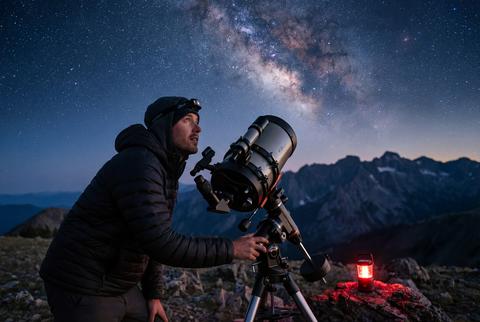 Man observing milky way galaxy with telescope on rocky mountain peak at night with red lantern light