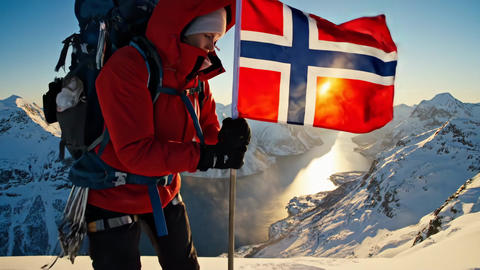 Triumphant adult woman mountaineering in snowy mountains with fjord view. Concept of achievement and