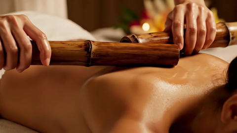 Relaxed adult woman receiving bamboo stick massage in a luxurious spa salon. Concept of wellness and