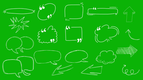 Hand Drawn Doodle Quote Boxes and Speech Bubbles on Green Screen. Sketch Marker Arrow and Comic Talk