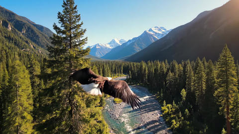 Majestic eagle flying over a scenic mountain river winding through a vast coniferous forest valley.