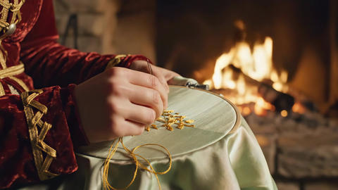 Elegant adult woman embroidering a golden design by a cozy fireplace