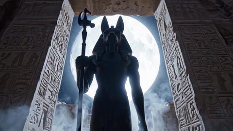 Dark silhouette of Anubis statue with a staff against a glowing full moon