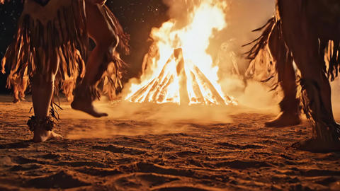 Spiritual adult people dancing around a bonfire under a starry night sky