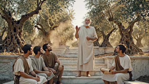 Wise senior man teaching adult students on ancient marble steps