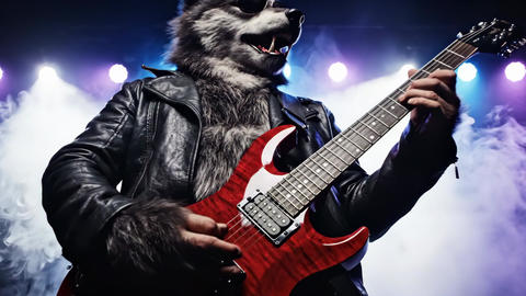 Cool adult man in wolf costume playing electric guitar on a smoky stage. Concept of rock and roll