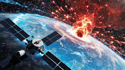 Dramatic explosion impacting Earth's surface as a satellite orbits in the vast cosmic space. Concept