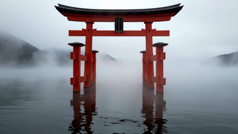 Majestic red Torii gate standing in misty water with mountains reflecting. Concept of Japanese