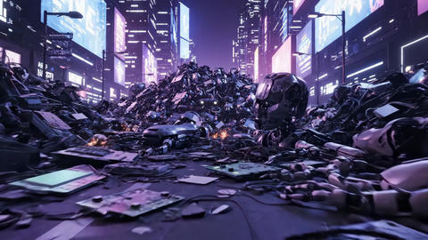 Dystopian robotic debris and electronic waste piled on a glowing cyberpunk street. Concept of