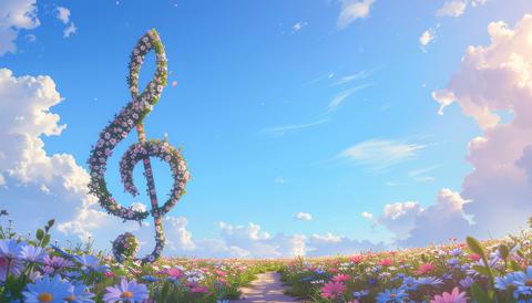 Beautiful scenery and musical notes made of flowers AI-generated material