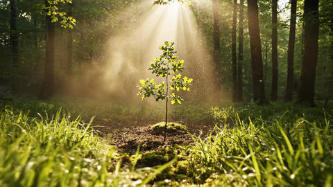 Golden light illuminating a young oak tree growing in a misty forest. Concept of new life and nature