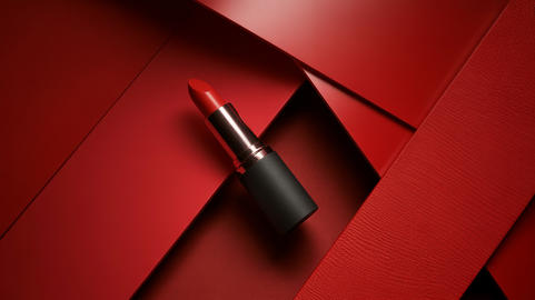 Lipstick minimalist luxury beauty advertisement with glossy lipstick and geometric design