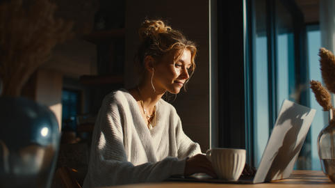 Woman immersed in writing amid warm morning sunlight and cozy surroundings, Morning