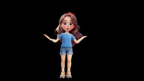 cartoon 3D girl performing energetic pop dance on transparent alpha channel