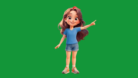 3D cartoon girl pointing to the right on green screen background