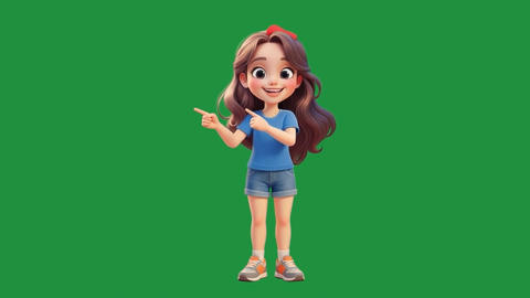 3D cartoon girl pointing left with fingers on green screen background