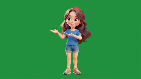 cartoon 3D girl pointing left with both hands on green screen background