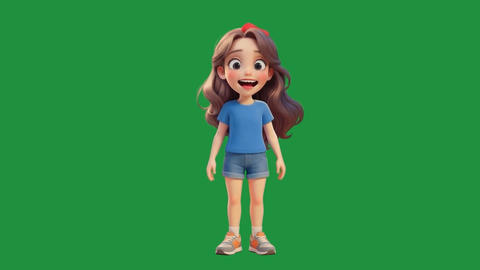 3D cartoon girl in shock and surprise holding head on green screen background
