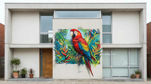 Colorful parrot graffiti transforming into real 3d bird on modern house wall