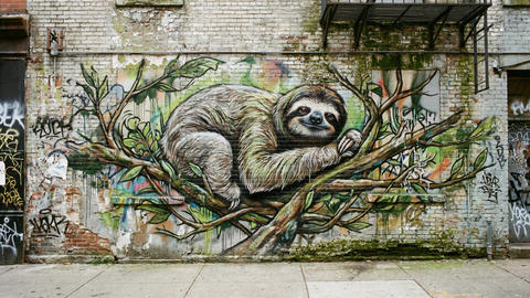 Sleepy sloth graffiti slowly coming to life and waving hello on urban brick wall