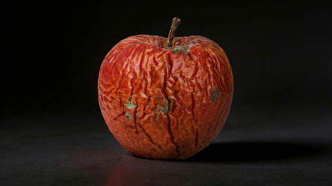Time lapse of apple rotting from fresh fruit to wrinkled decayed moldy core on black background