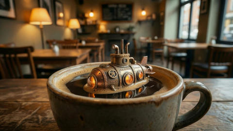 Steampunk mini submarine surfacing from cup of coffee in cozy cafe interior