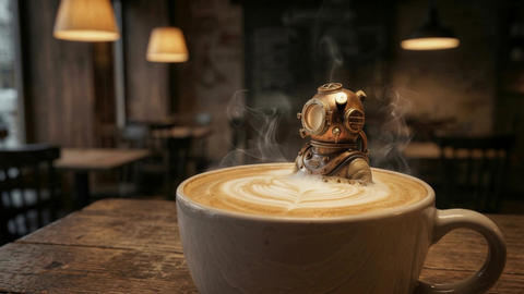 Steampunk vintage diver emerging from cup of hot coffee in cozy cafe
