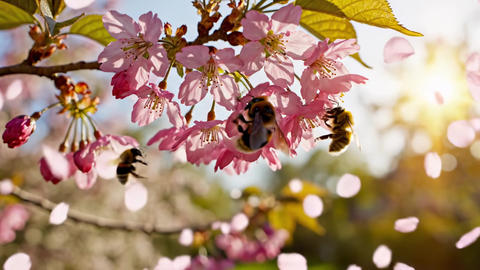 Bees pollinate delicate pink cherry blossoms. Soft petals fall gently in warm spring sunlight.