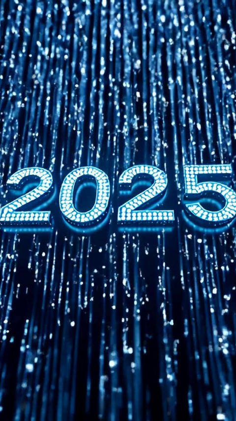 Banner with 2025 on a dark screen with blinking lights descending