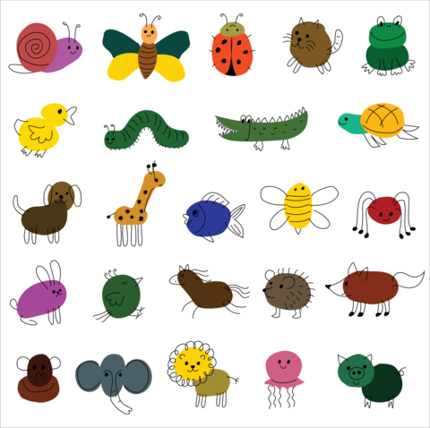 Cute Insects and Small Animals Flat Vector Illustration Set