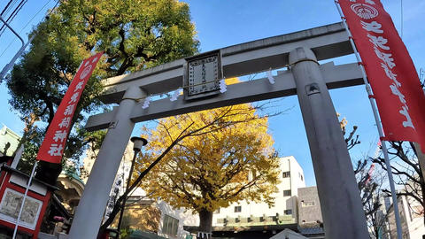 Torii gate and blue sky at Yasaki Inari Shrine in Asakusa, Tokyo, Japan