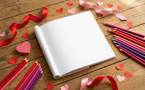 Open Coloring Book Mockup Template with Editable Blank Page on a Wooden Desk with Valentine's Day